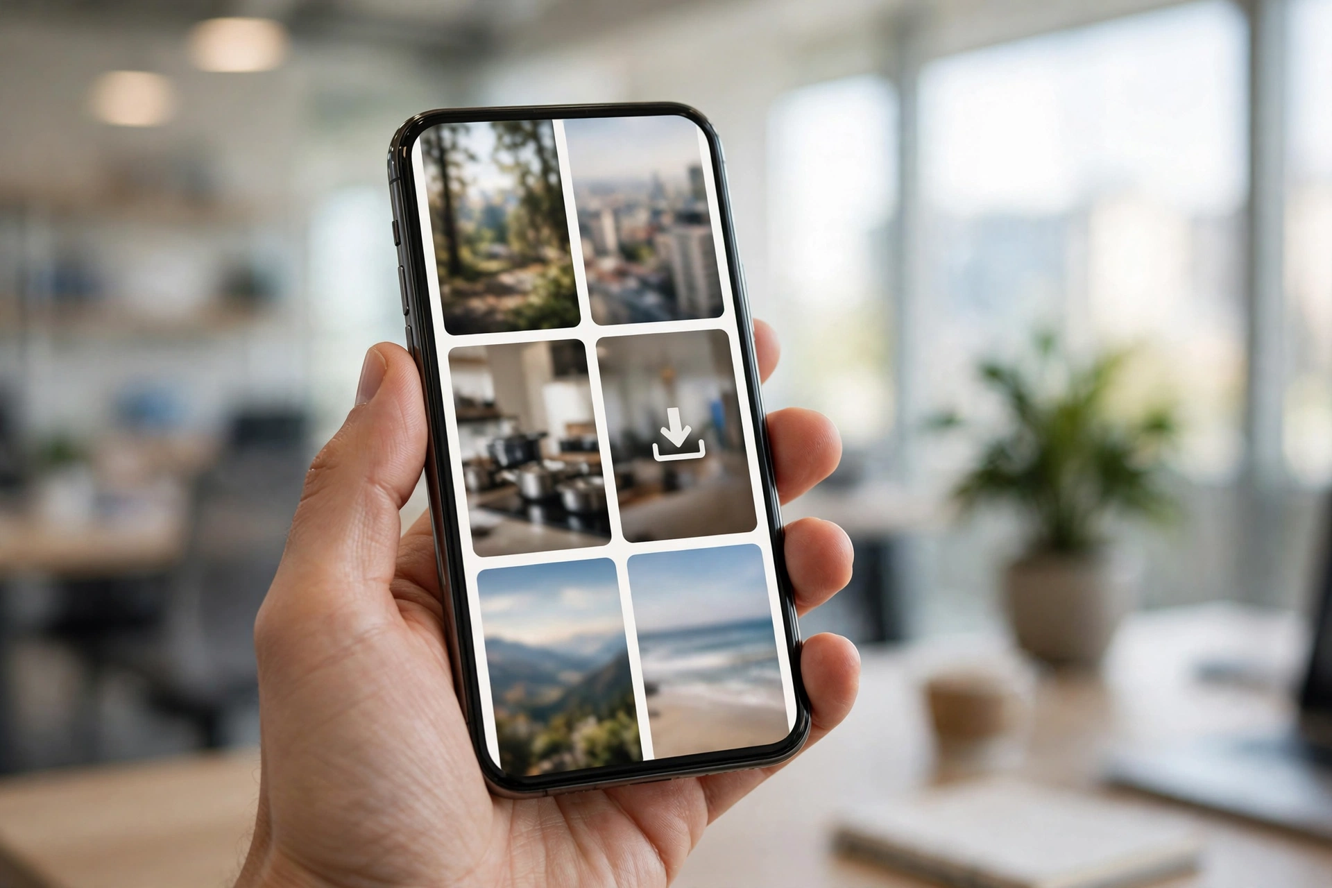 iPhone in der Hand mit Video-Vorschau und Download-Symbol