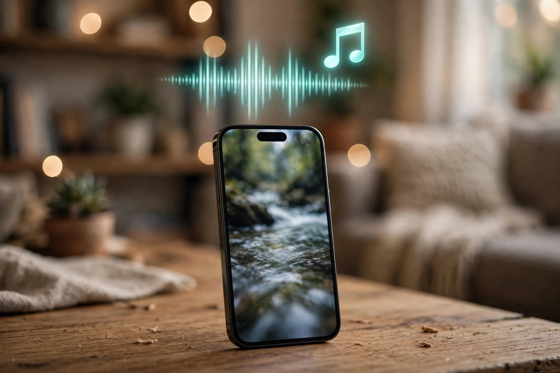 iPhone spielt ein Reel mit Audio-Wellenform und Notensymbol ab