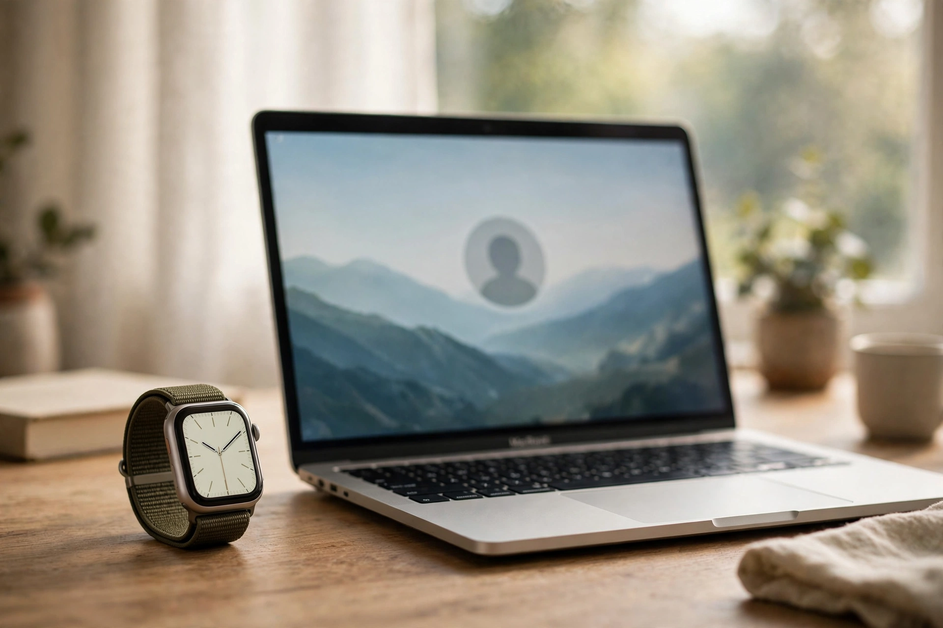 MacBook und Apple Watch nebeneinander auf einem Schreibtisch, der Mac wird gerade automatisch entsperrt