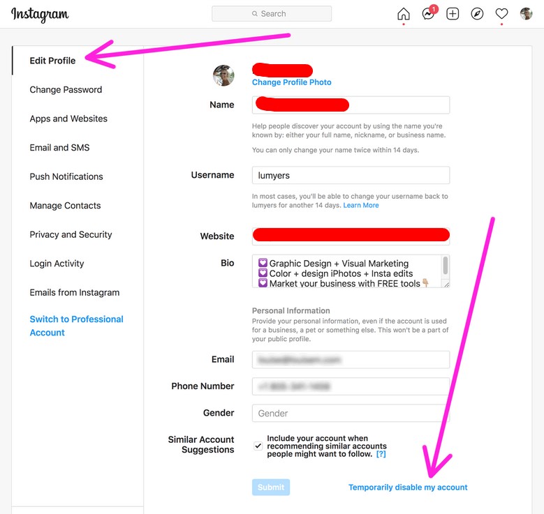 Deaktivierung des Instagram-Kontos