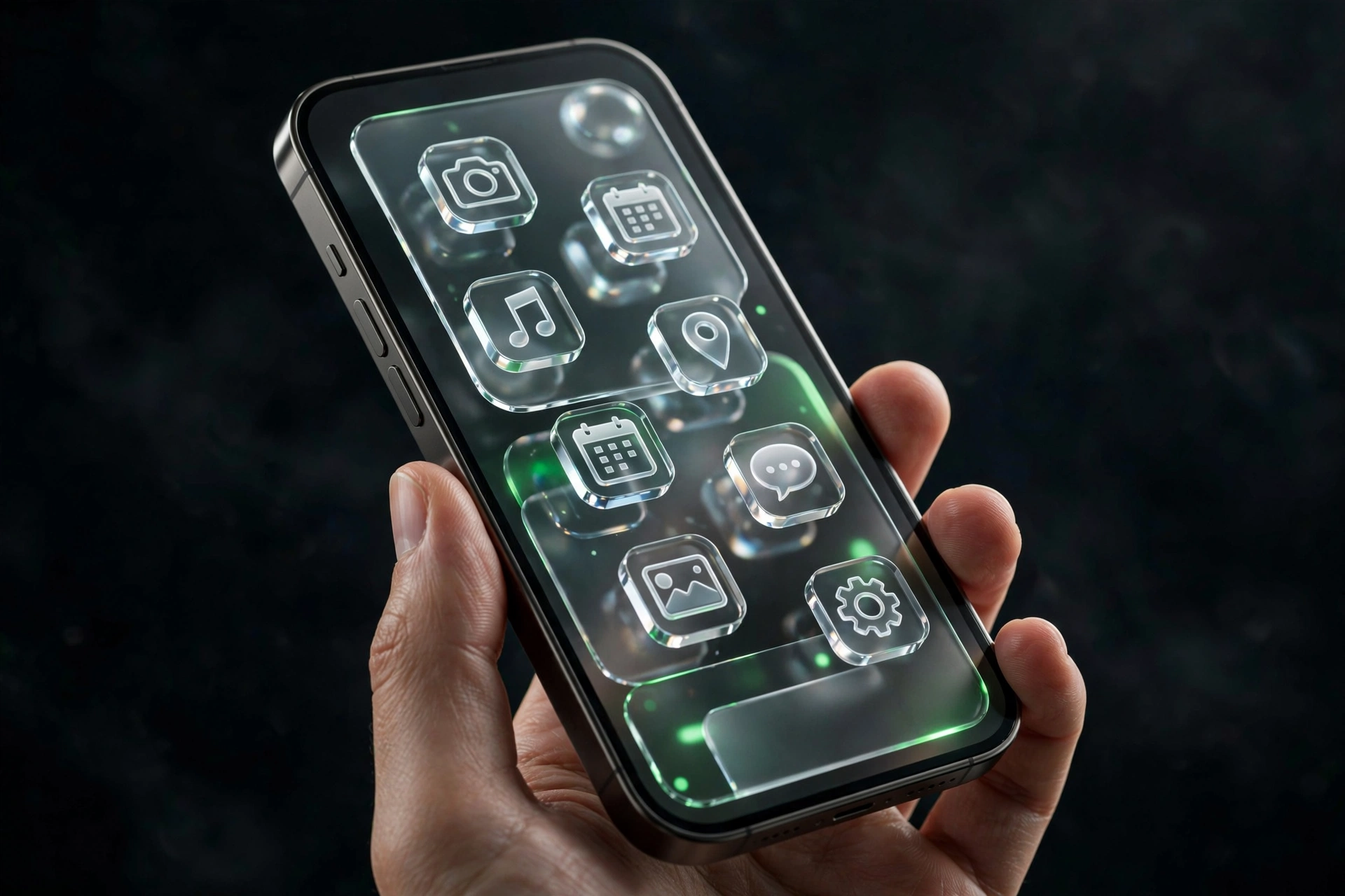 iPhone mit iOS 26 – Liquid-Glass-Design mit gläsernen App-Symbolen