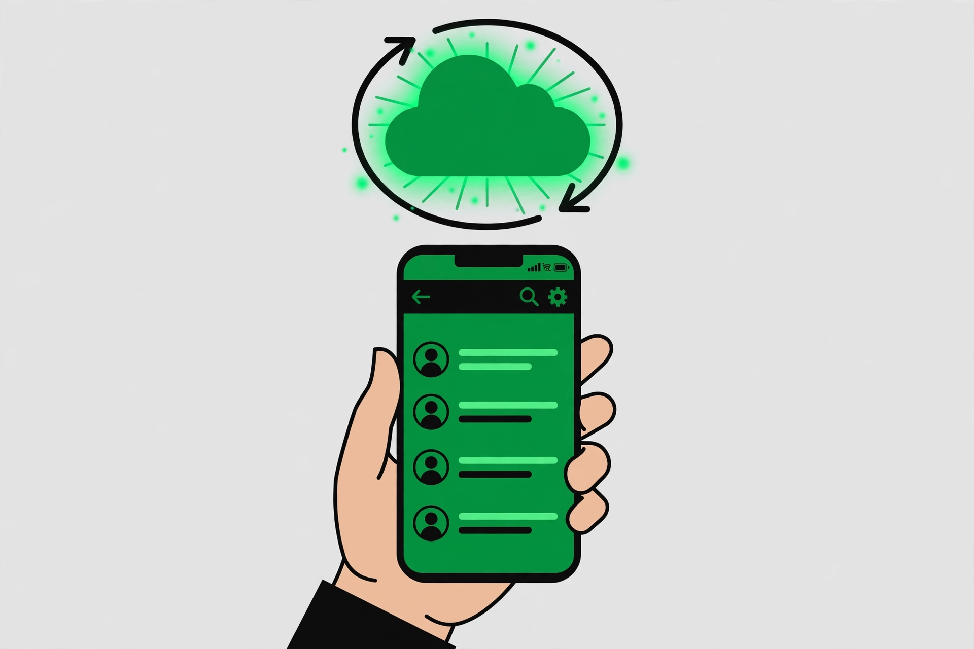 iPhone mit WhatsApp-Chats und Cloud-Backup-Symbol