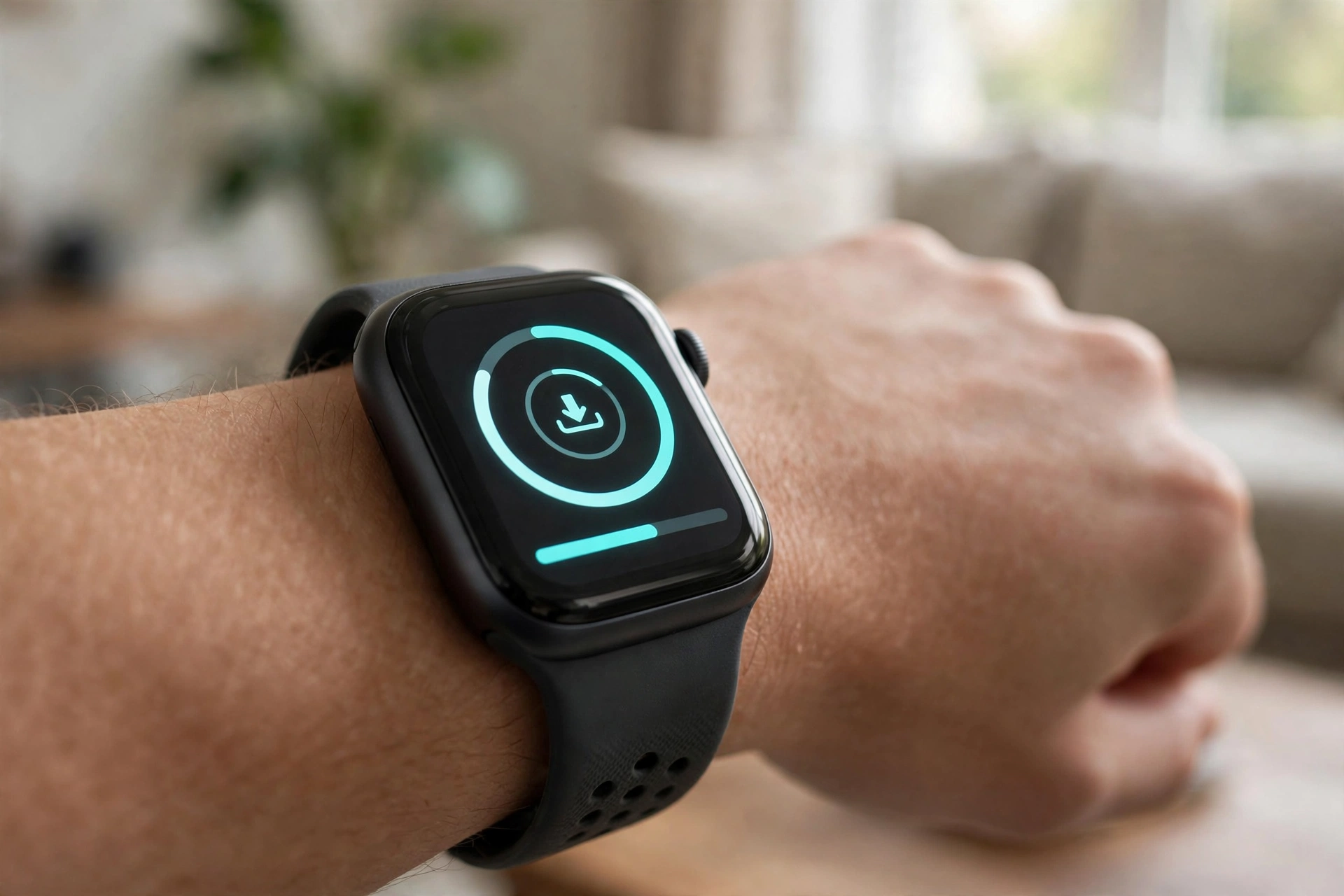 Apple Watch am Handgelenk – automatisches App-Update läuft