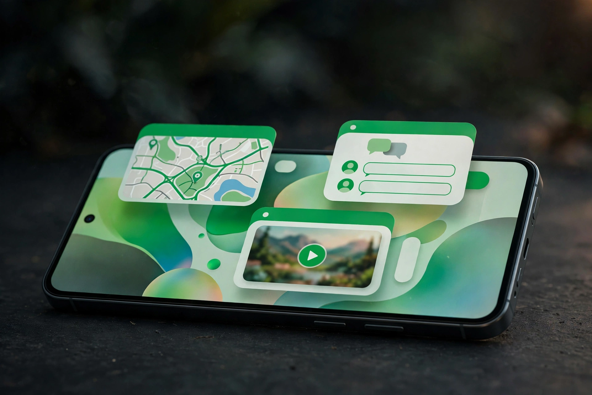Android 17 Neuerungen: Smartphone mit schwebenden App-Fenstern (Bubbles) und neuer Oberfläche