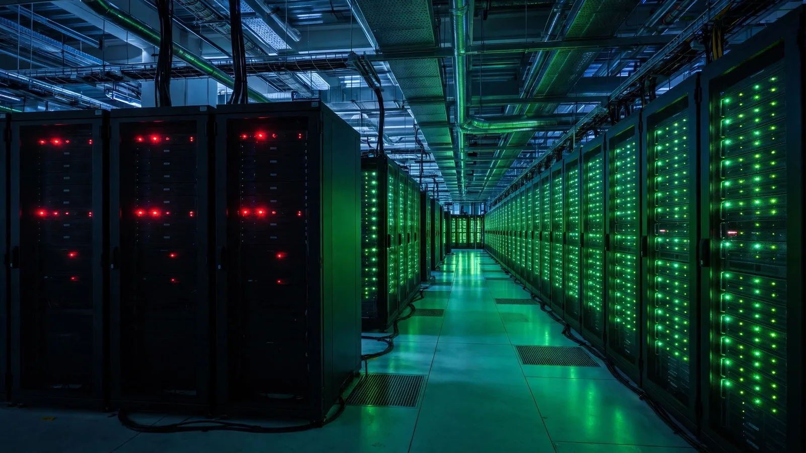 Dunkle Server-Racks mit roten Warnlichtern in einem Google-Cloud-Rechenzentrum beim Ausfall am 20. Oktober 2026