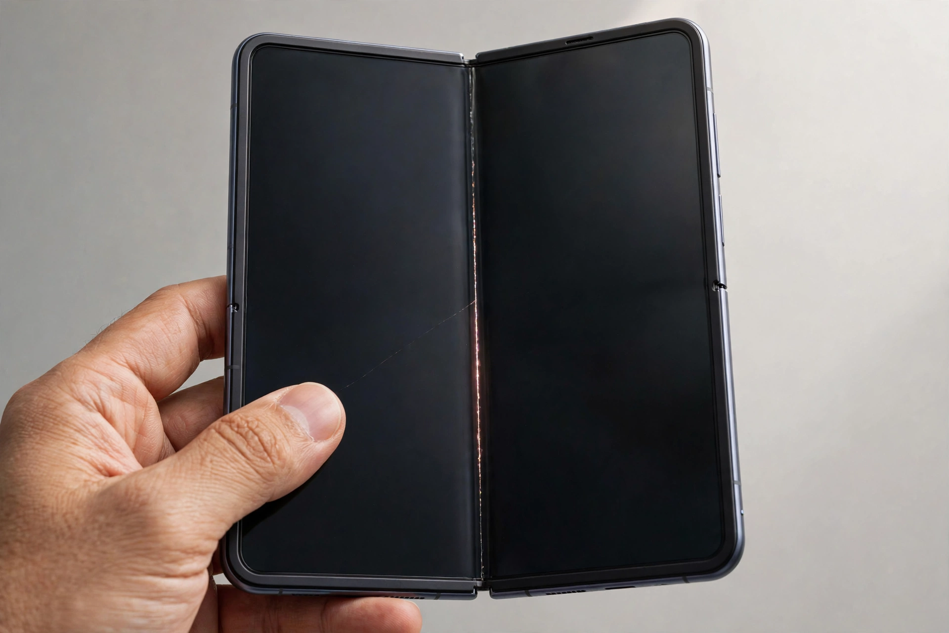 Aufgeklapptes faltbares iPhone Duo mit Riss im Innendisplay entlang des Scharniers