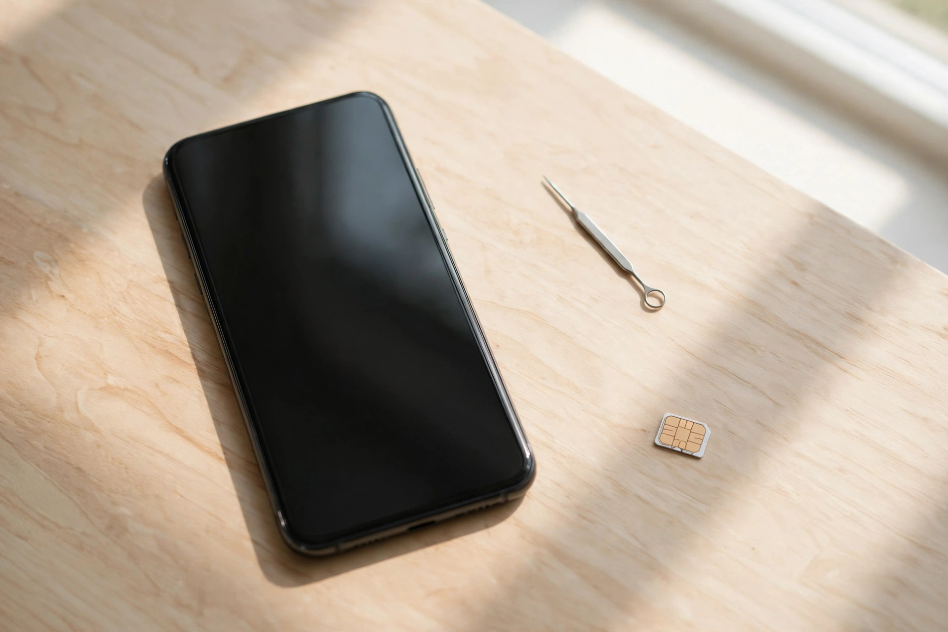 iPhone ohne SIM-Karte aktivieren – Smartphone mit SIM-Auswurfwerkzeug und Nano-SIM auf Holztisch