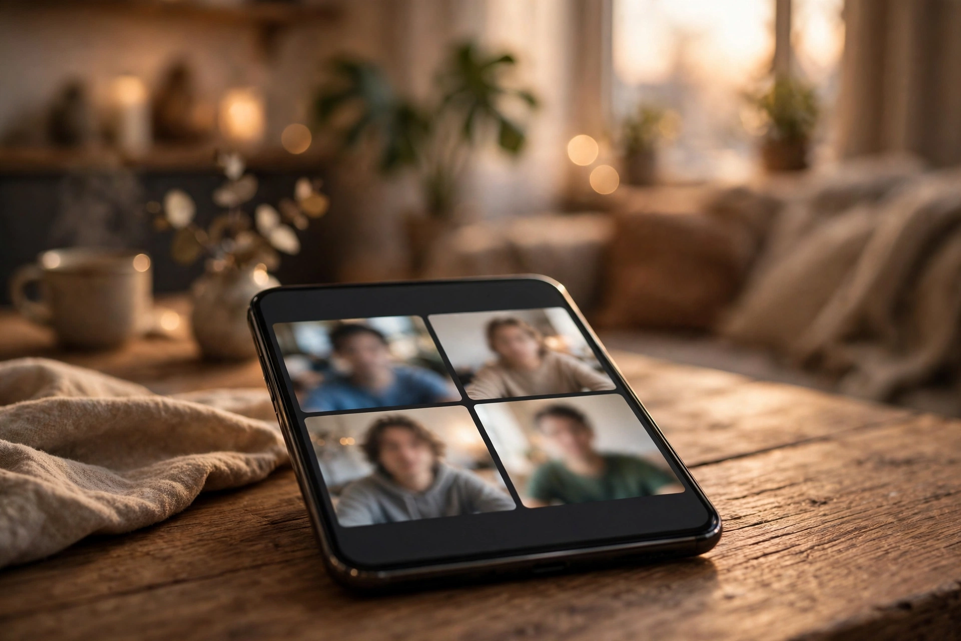 Houseparty Gruppen-Videochat – Smartphone mit Videoanruf-Raster auf Holztisch
