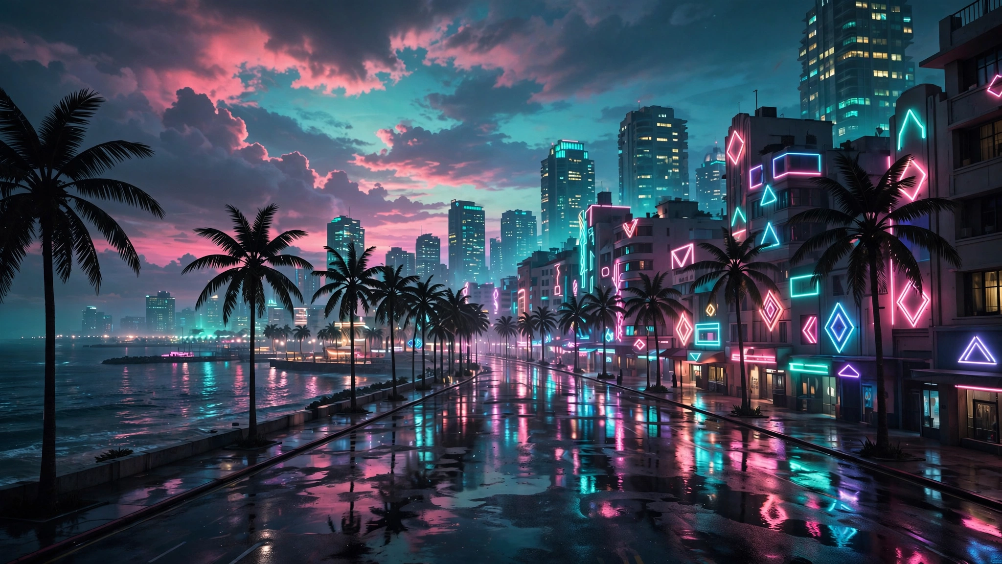 GTA 6: Neon-beleuchtete tropische Stadtkulisse bei Nacht im Stil von Vice City